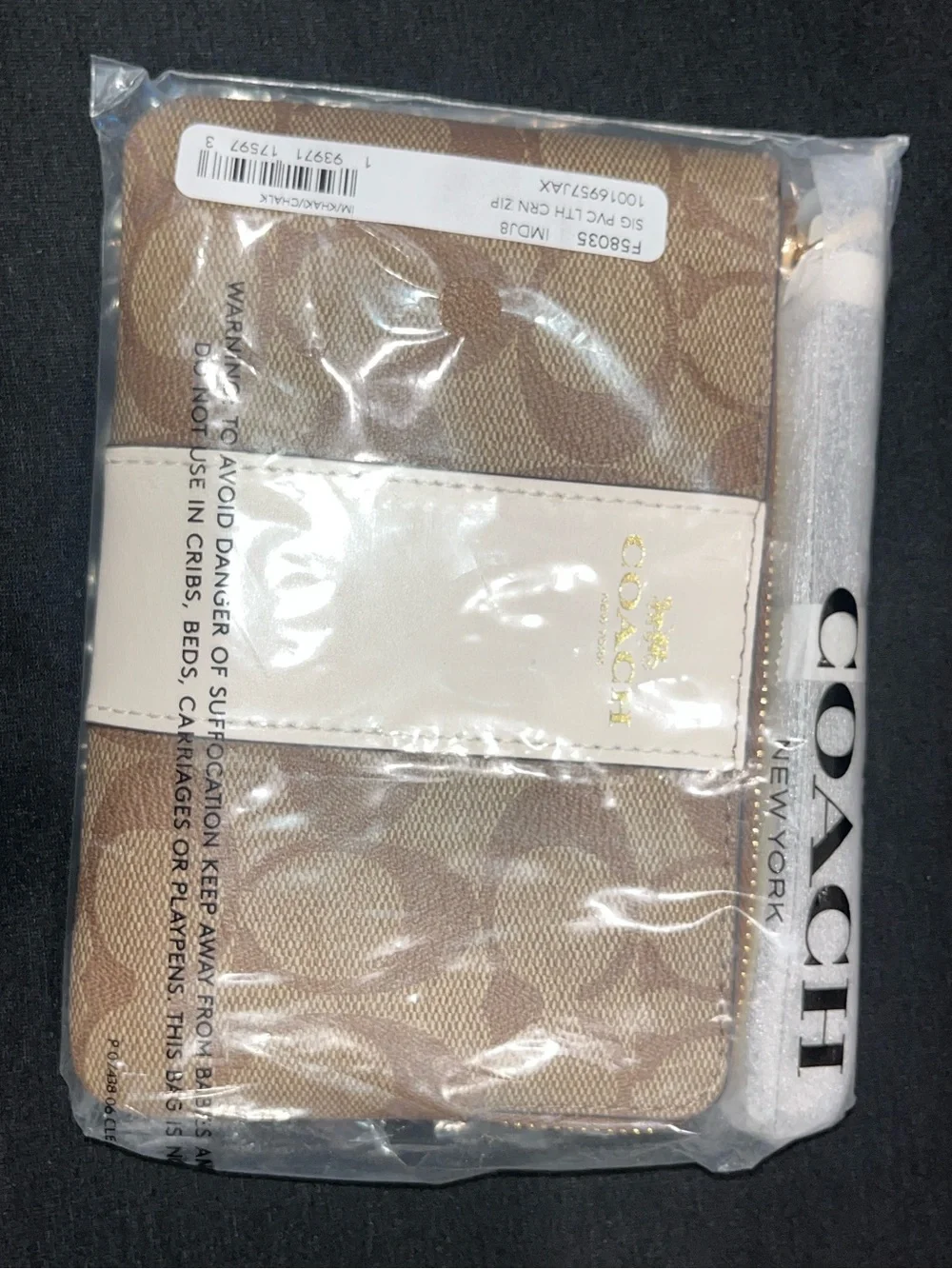 Coach Khaki Canvas Wristlet with Chalk Center Stripe